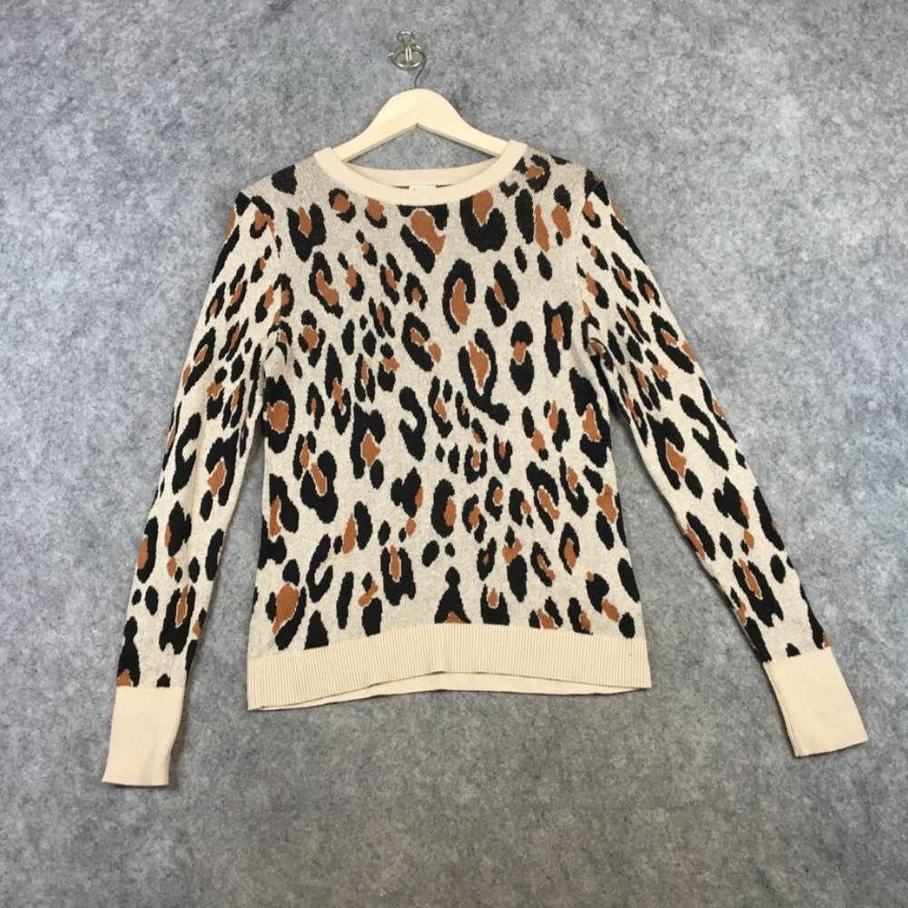 A New Day Sweater S Leopard Print Animal Jacquard Crew Neck Contrast Casual